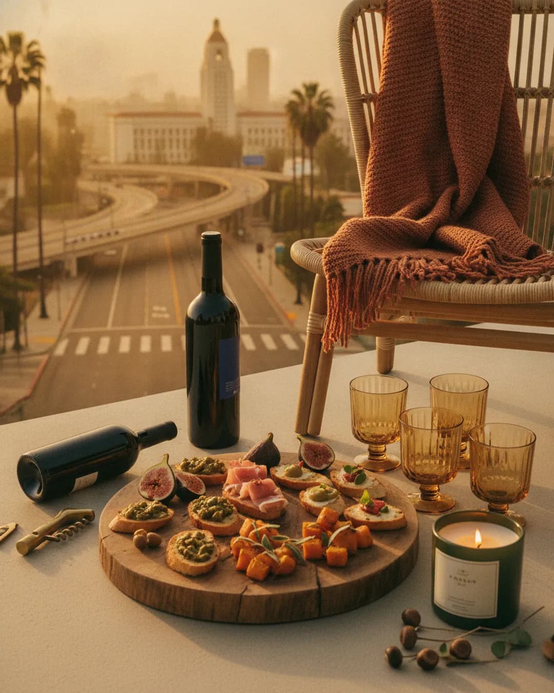 A warm, inviting flat lay featuring autumn-themed items: a stylish serving platter with small bites, a wine opener next to a bottle, a decorative throw on a chair, a set of unique cocktail glasses, and a scented candle. Soft, ambient lighting with subtle shadows.