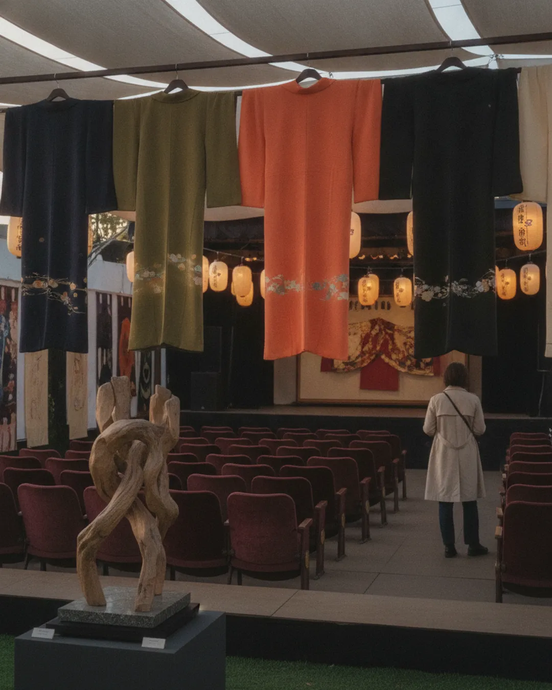 vintage kimonos on display at a market