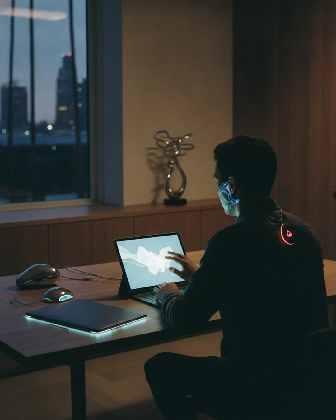person wearing a futuristic AI pendant