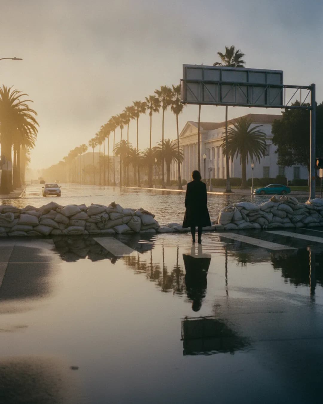 flooded street with sandbags